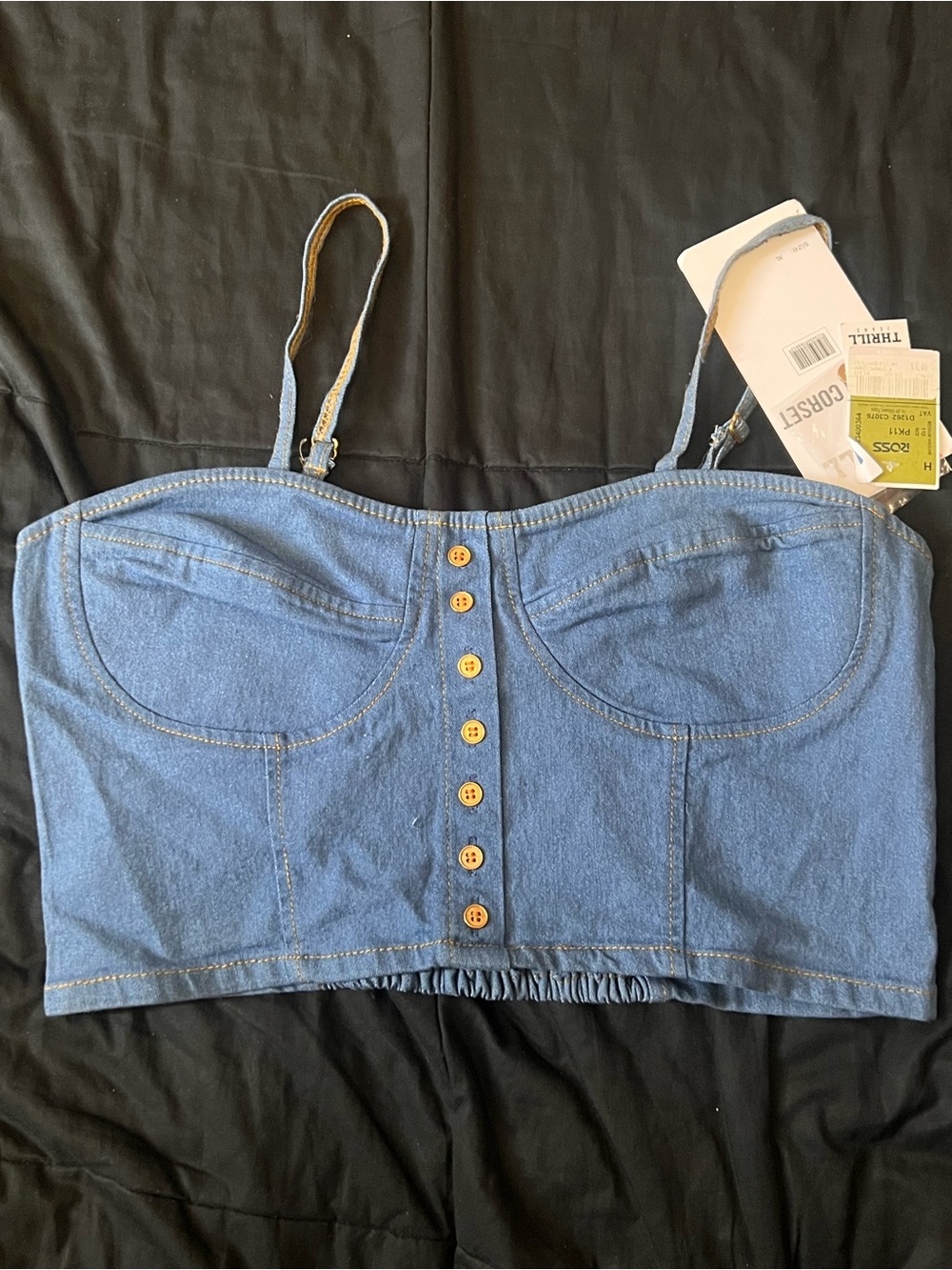 Denim Button-Front Crop Bustier Top in Light Blue